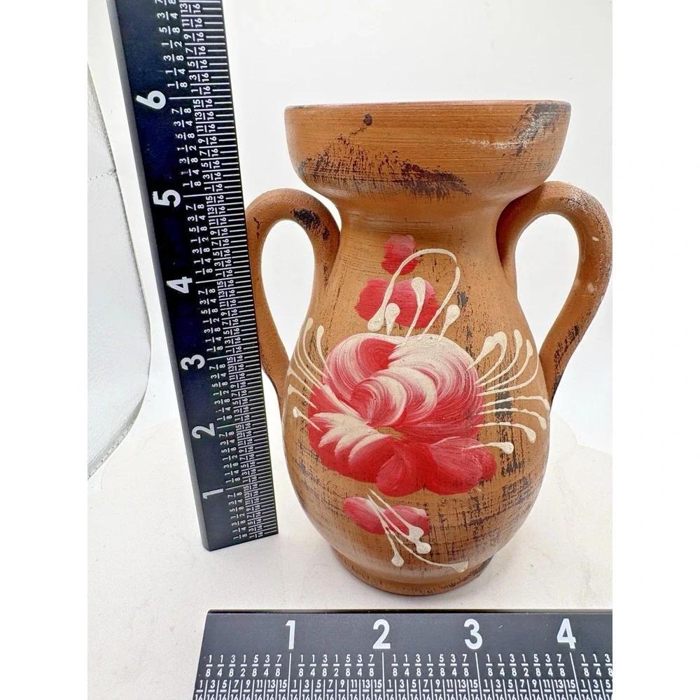 Vintage Double Handled Vase Made In Italy Clay Handmade Handpainted Rose Flower